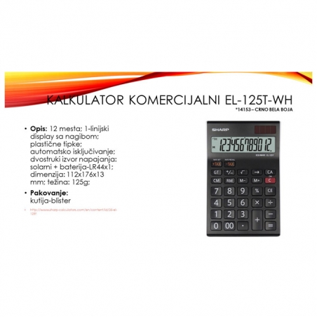 Kalkulator komercijalni 12 mesta Sharp EL-125T-WH crno beli blister