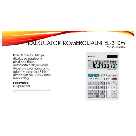 Kalkulator komercijalni  8 mesta Sharp EL-310W beli blister
