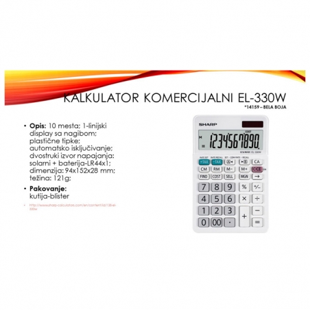Kalkulator komercijalni 10 mesta Sharp EL-330W beli blister