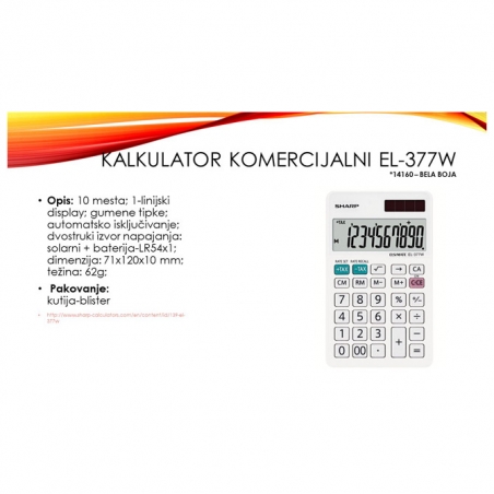 Kalkulator komercijalni 10 mesta Sharp EL-377W beli blister