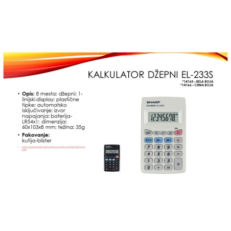 Kalkulator džepni 8 mesta Sharp EL-233S beli blister