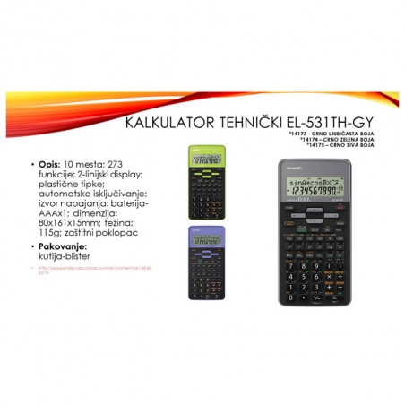 Kalkulator tehnički 10 mesta 273 funkcije Sharp EL-531TH-GY crno sivi blister