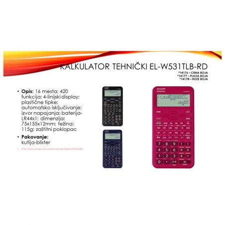 Kalkulator tehnički 16 mesta 420 funkcija Sharp EL-W531TLB-BK crni blister