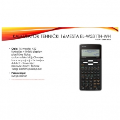 Kalkulator tehnički 16 mesta 422 funkcije Sharp EL-W531TH-WH crno beli blister