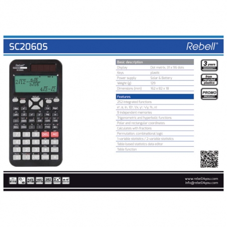 Kalkulator tehnički rezolucije 31x96 tačaka 252 funkcije Rebell RE-SC2060S BX crni