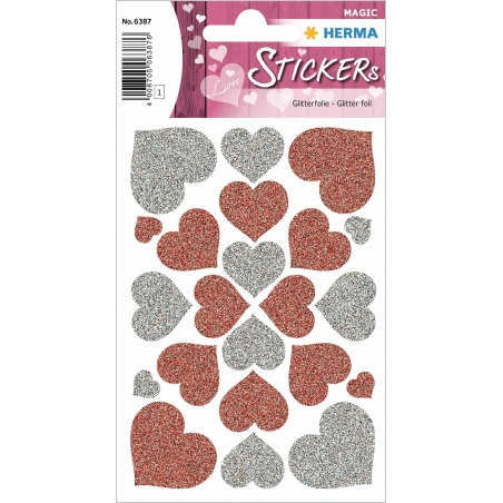 Stikeri MAGIC HAERTS RED+SILVER, GLITTER Herma