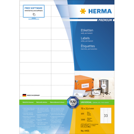 Etikete 70X25 A4/33 1/100 bela Herma