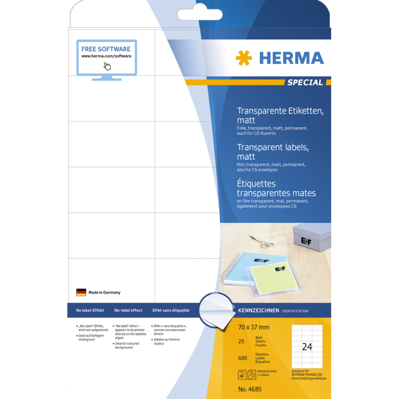 Etikete 70X37 A4/24 1/25 transparent Herma