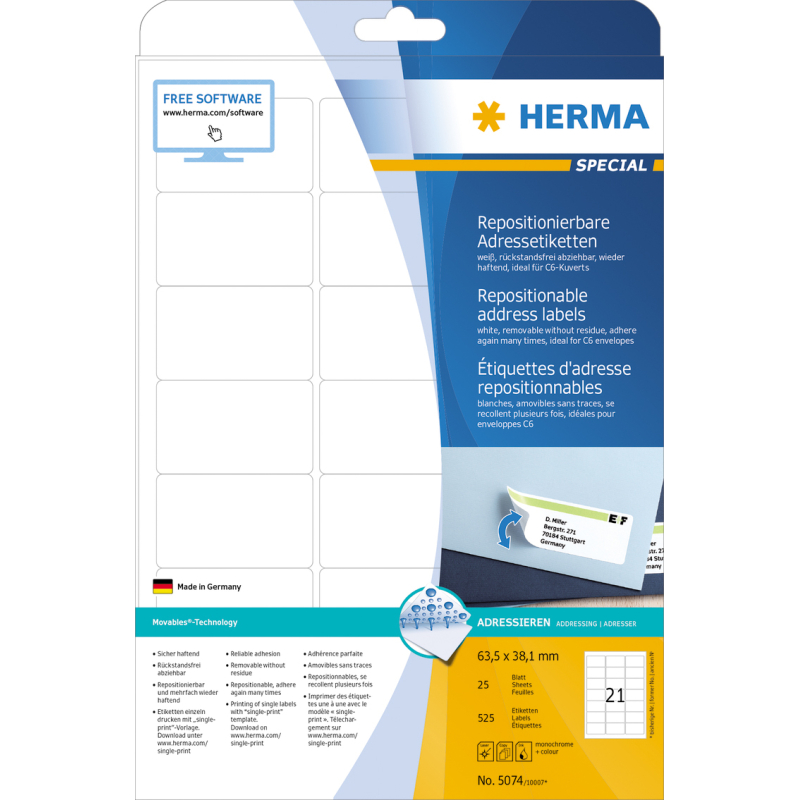 Etikete 63x38,1 A4/21 1/25 removable Herma