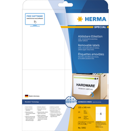 Etikete 105x148 A4/4 1/25 removable Herma