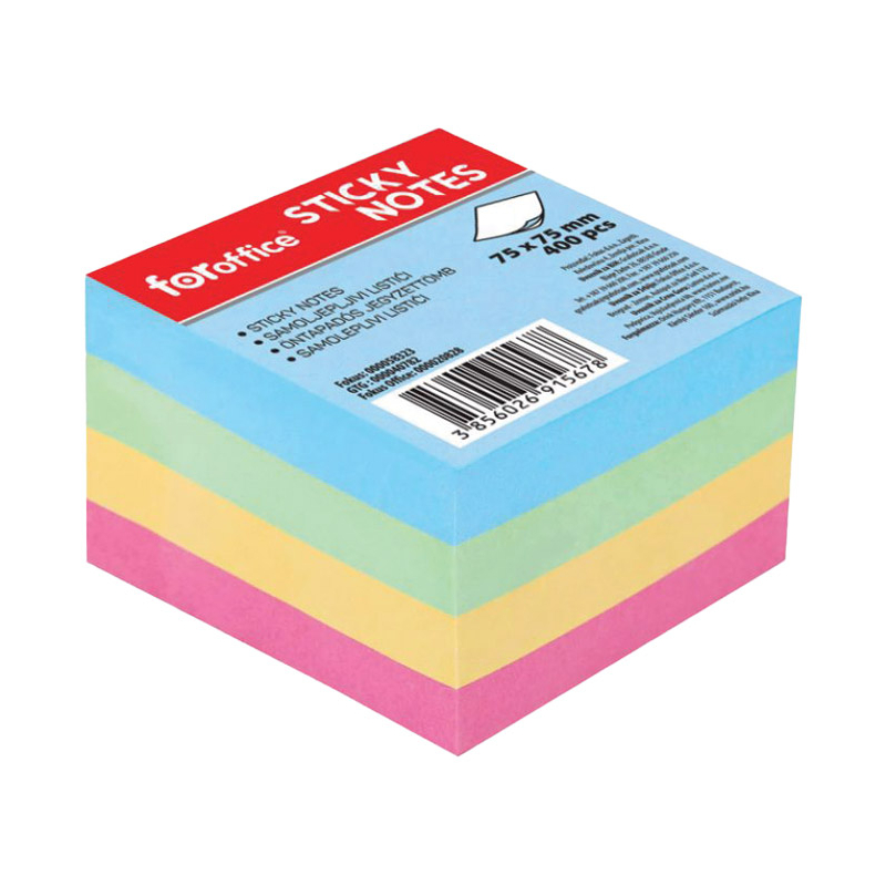 Blok samolepljiv kocka 75x75mm 400L FORoffice 58323 4boje pastel