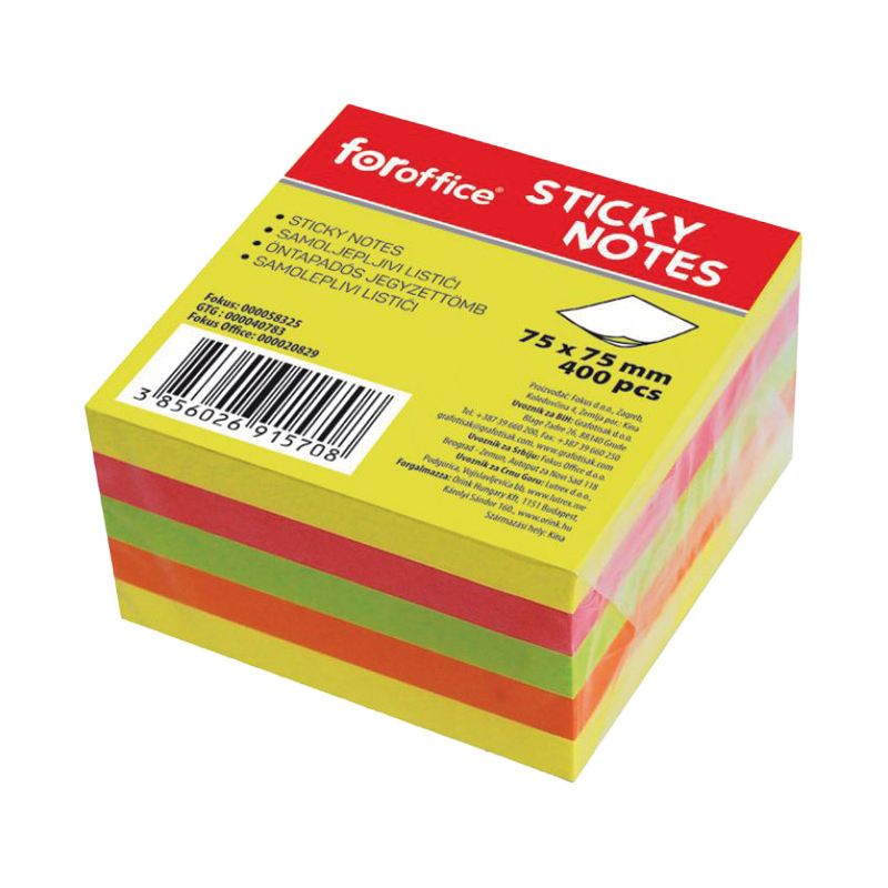 Blok samolepljiv kocka 75x75mm 400L FORoffice 58325 5boja neon