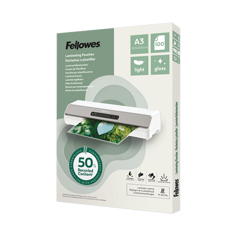 Folija za plastificiranje 80my A3 sjajna 50% reciklirani materijal pk100 Fellowes 100142988