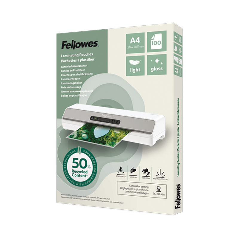 Folija za plastificiranje 80my A4 sjajna 50% reciklirani materijal pk100 Fellowes 100142987