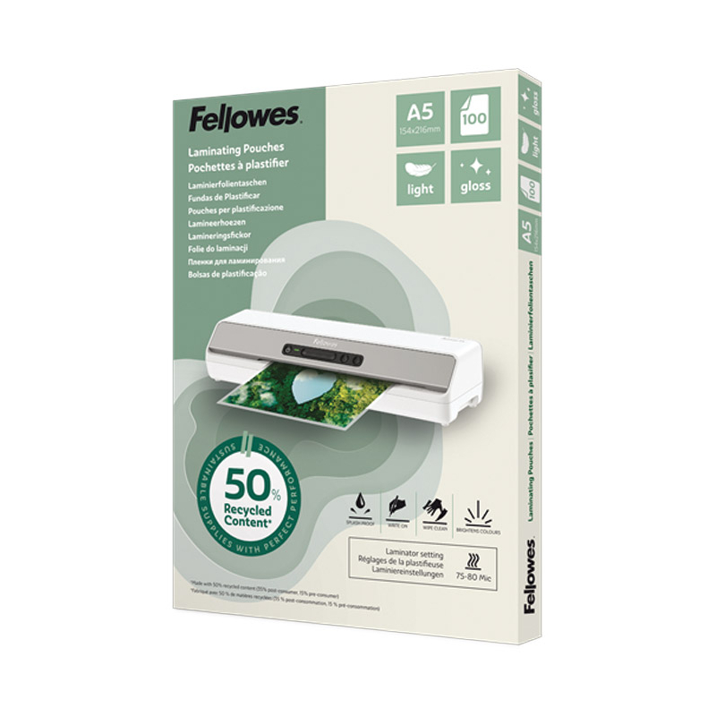 Folija za plastificiranje 80my A5 sjajna 50% reciklirani materijal pk100 Fellowes 100143440
