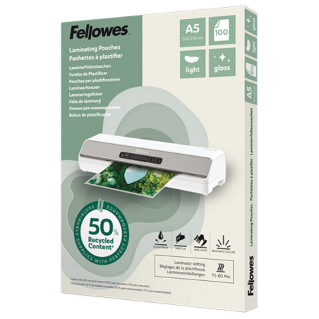 Folija za plastificiranje 80my A5 sjajna 50% reciklirani materijal pk100 Fellowes 100143440