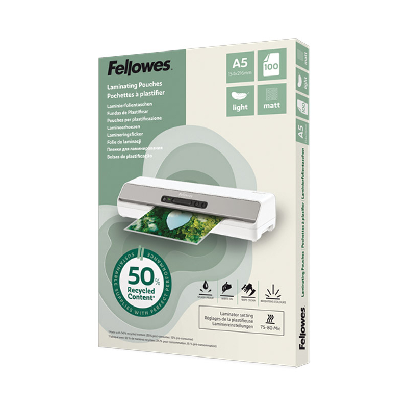 Folija za plastificiranje 80my A5 mat 50% reciklirani materijal pk100 Fellowes 100143437