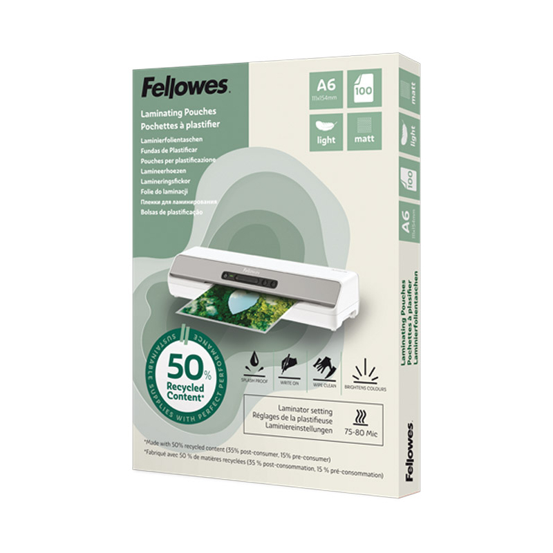 Folija za plastificiranje 80my A6 mat 50% reciklirani materijal pk100 Fellowes 100143438