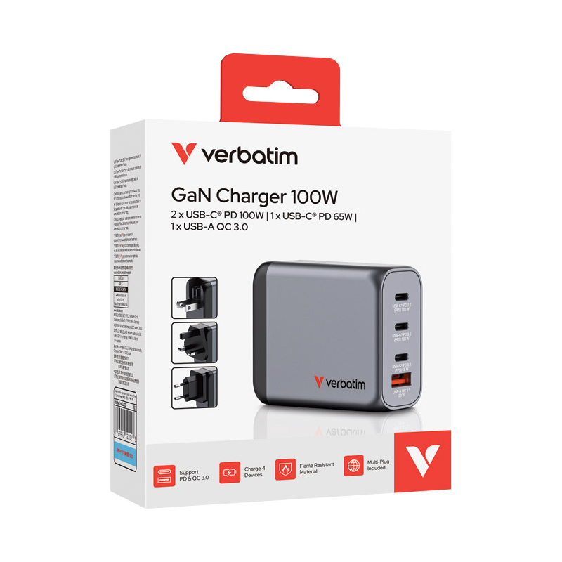 Punjač USB 4u1 100W GaN Verbatim 32202 crni blister
