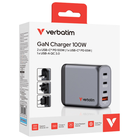 Punjač USB 4u1 100W GaN Verbatim 32202 crni blister