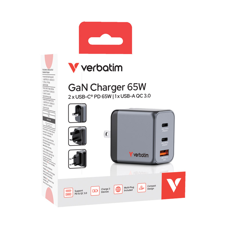 Punjač USB 3u1 65W GaN Verbatim 32201 crni blister